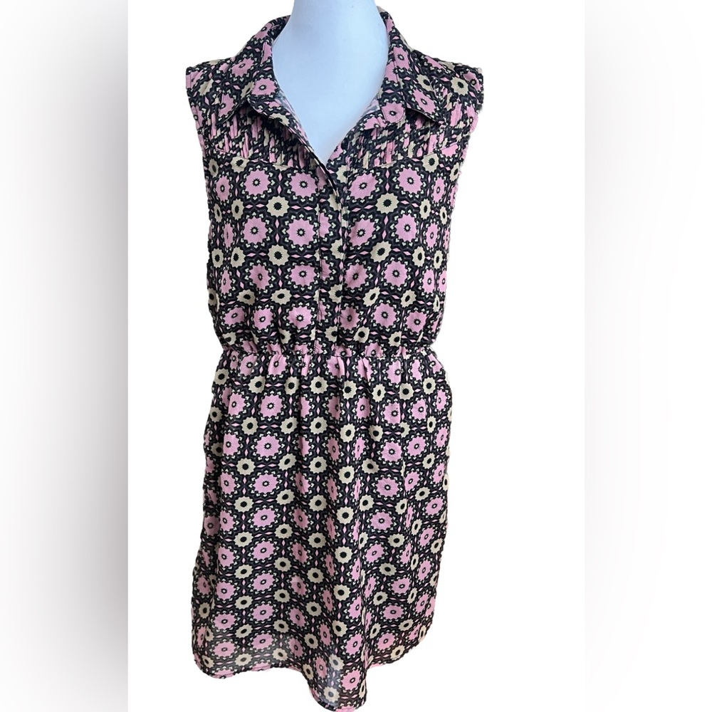 TULLE ANTHROPOLOGIE Black Pink Lime Green Floral Chiffon Casual Dress Medium